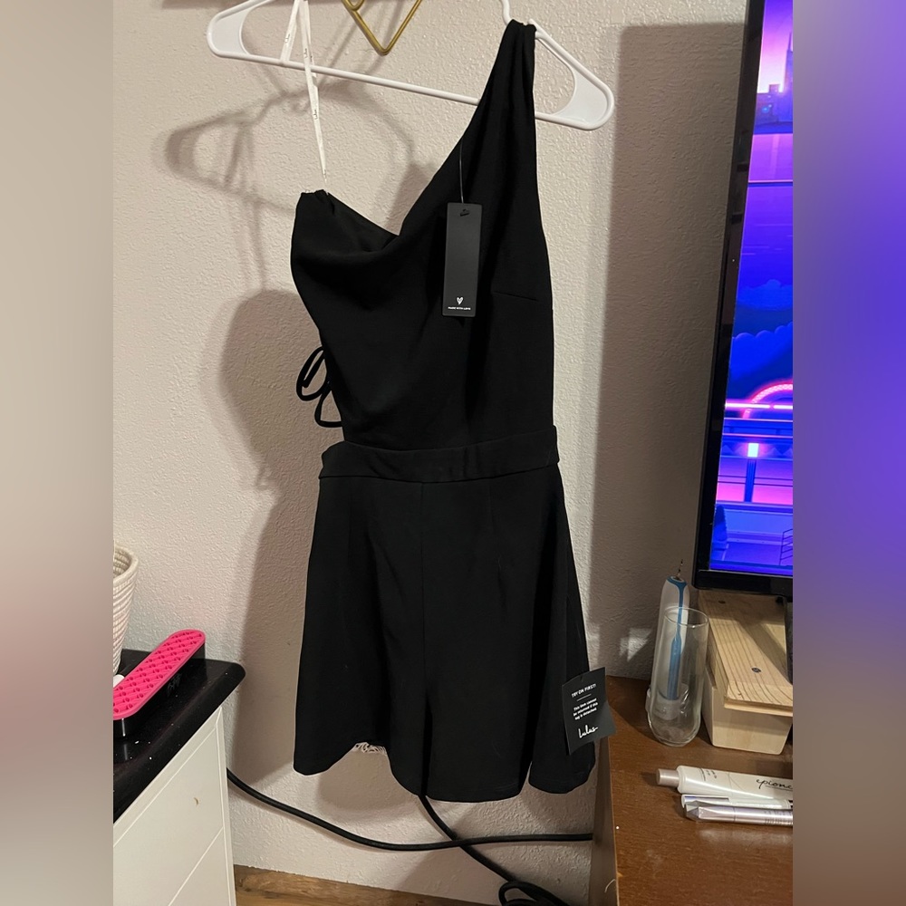 Dress the Part Black One-Shoulder Drawstring Cutout Romper